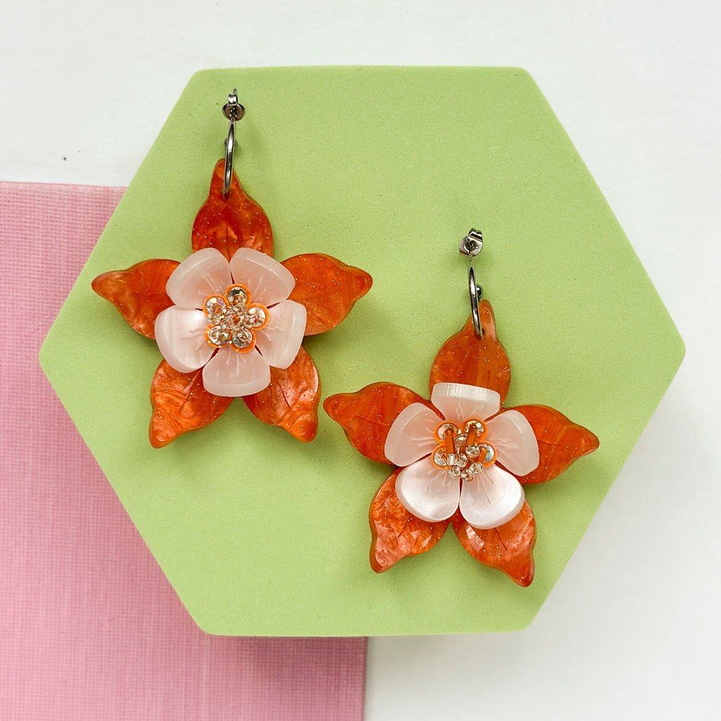 Columbine Flower Statement Dangle Earrings - Orange