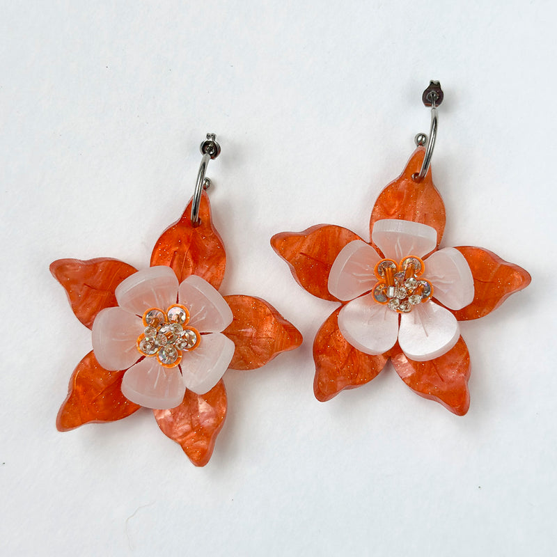 Columbine Flower Statement Dangle Earrings - Orange