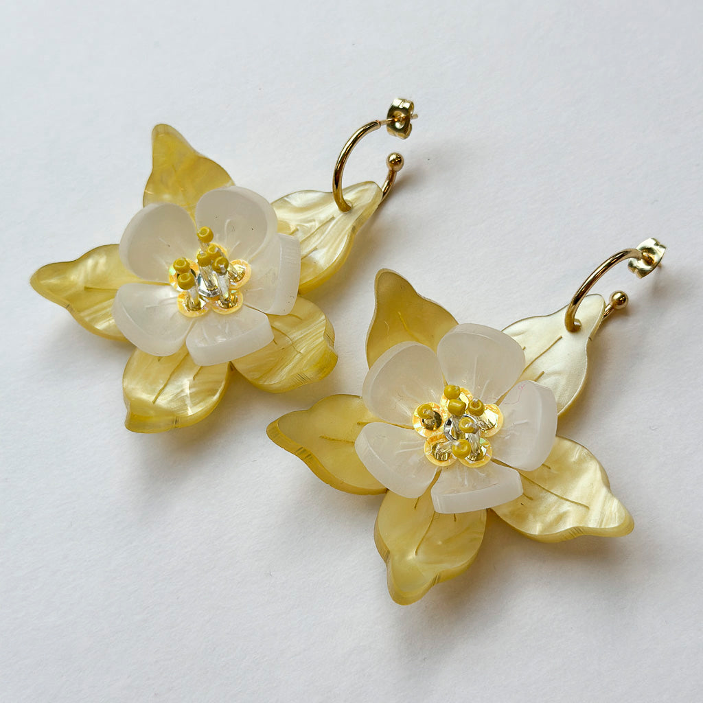 Columbine Flower Statement Dangle Earrings - Yellow