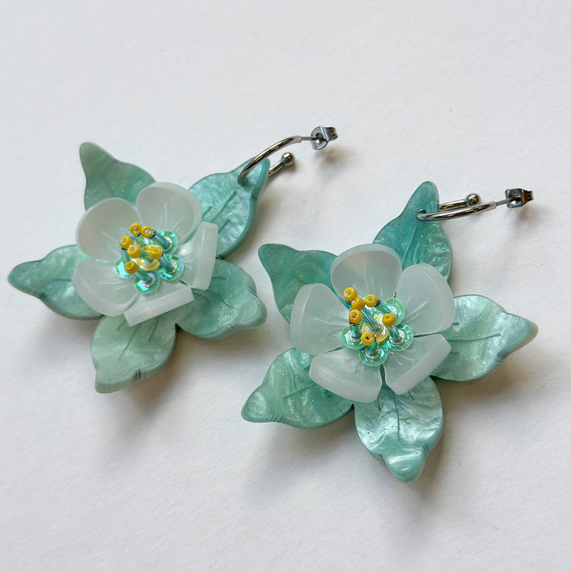 Columbine Flower Statement Dangle Earrings - Aquamarine