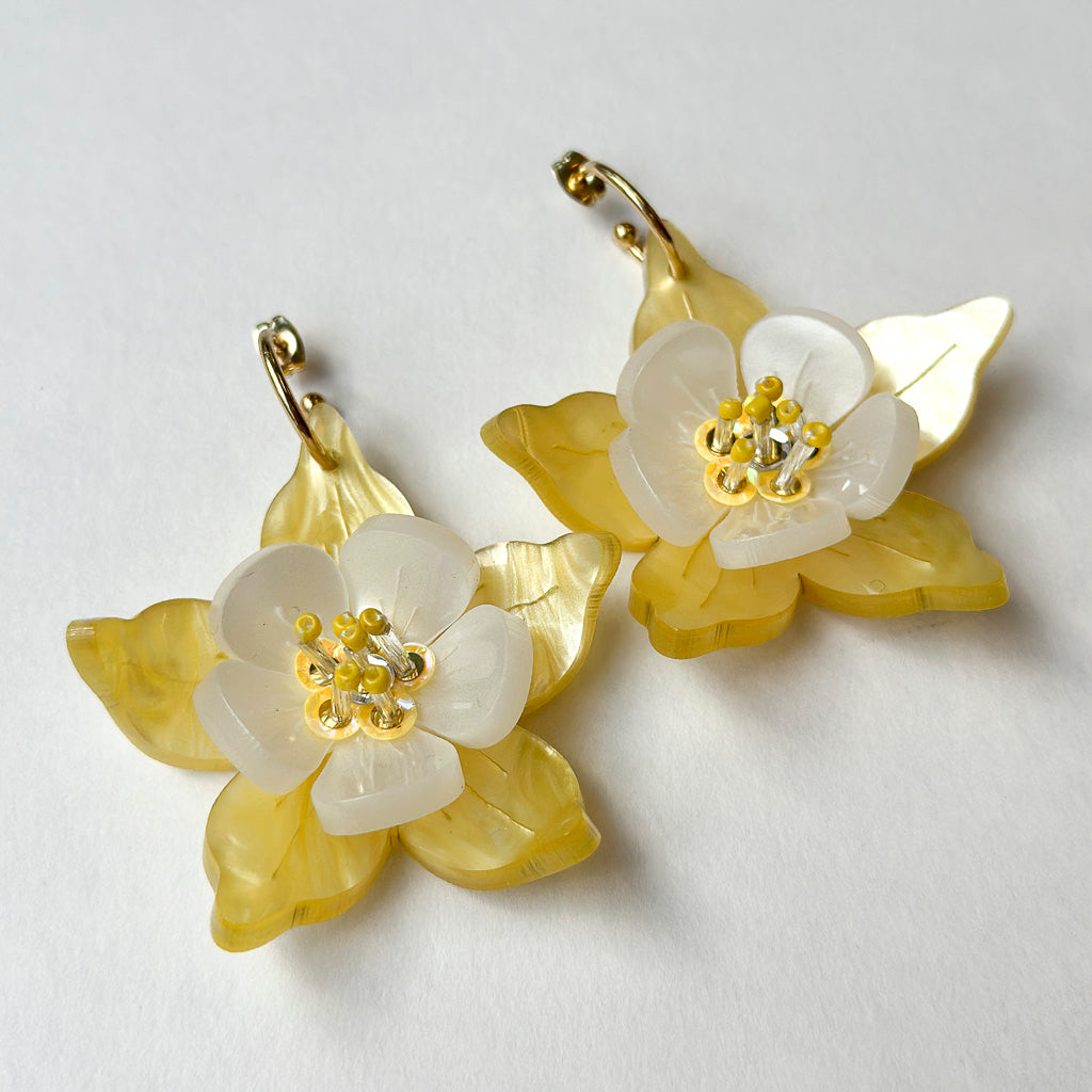 Columbine Flower Statement Dangle Earrings - Yellow