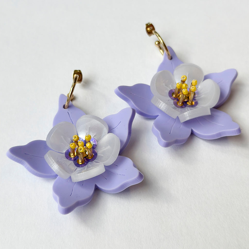 Columbine Flower Statement Dangle Earrings - Lilac