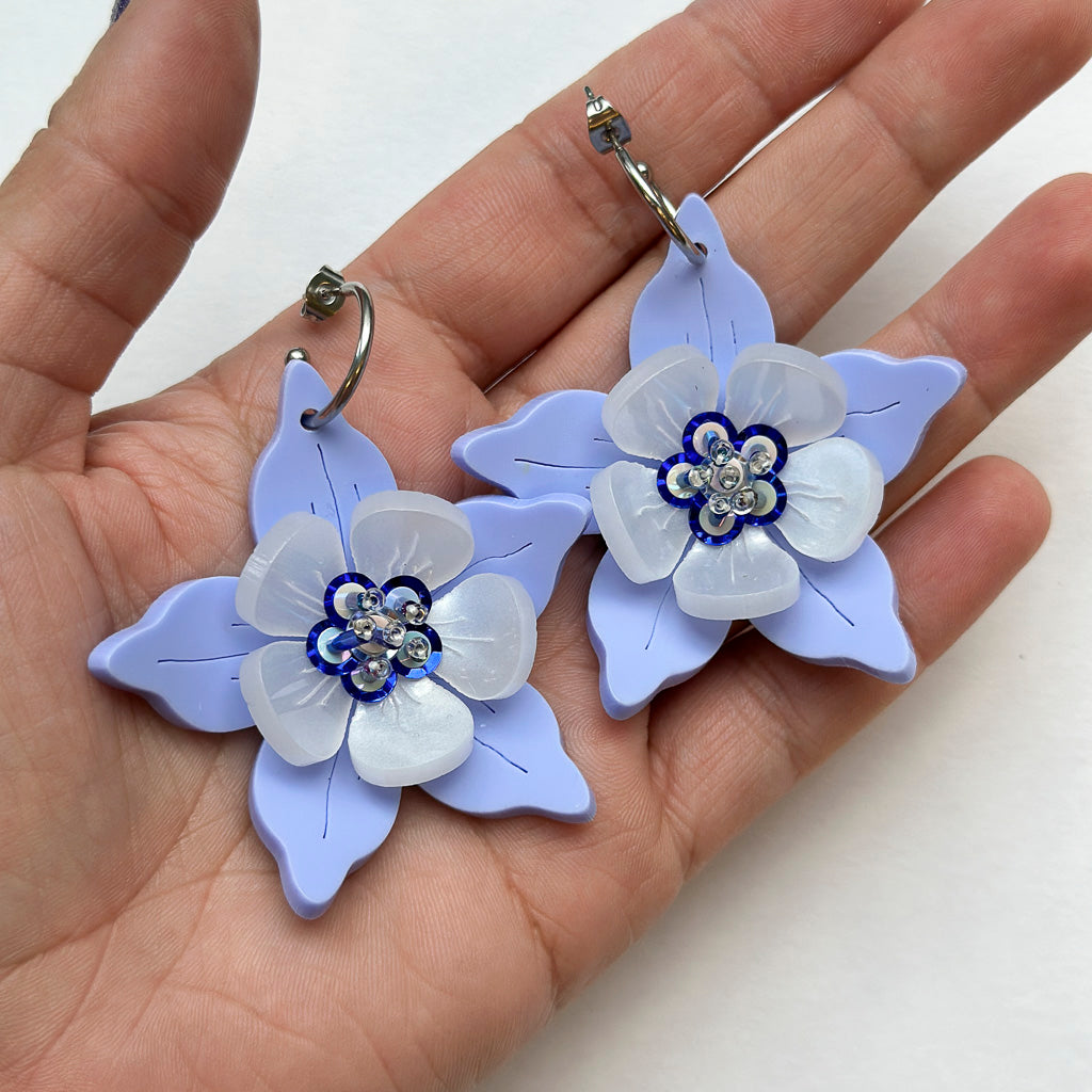 Columbine Flower Statement Dangle Earrings - Cornflower Blue