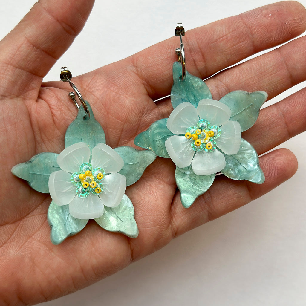 Columbine Flower Statement Dangle Earrings - Aquamarine
