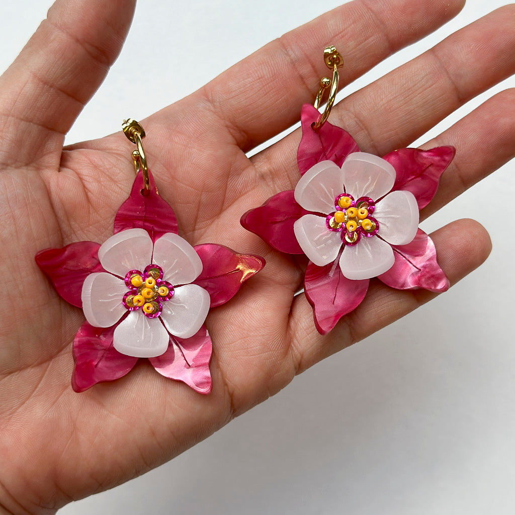 Columbine Flower Statement Dangle Earrings - Fuchsia