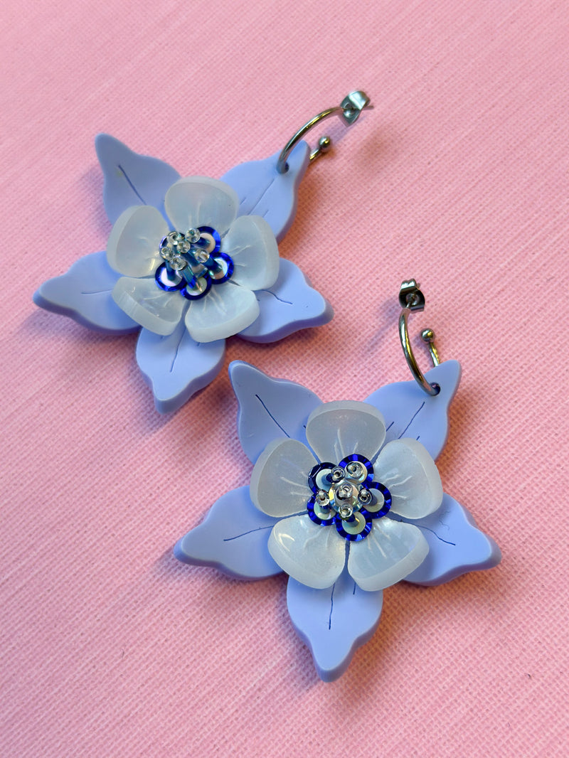 Columbine Flower Statement Dangle Earrings - Cornflower Blue