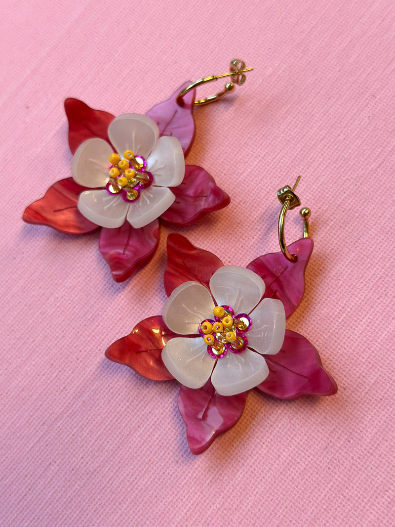Columbine Flower Statement Dangle Earrings - Fuchsia