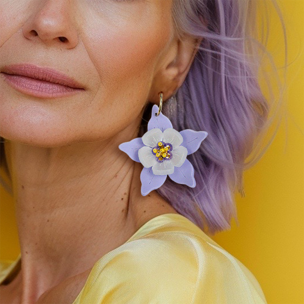 Columbine Flower Statement Dangle Earrings - Lilac
