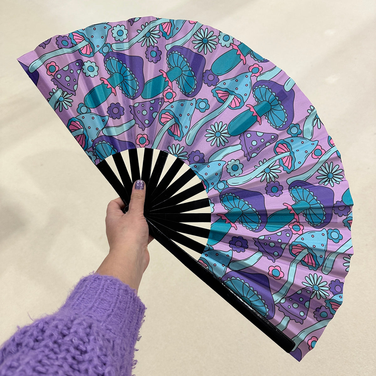 Giant Clacking Hand Fan with Purple & Teal Toadstools Print (Glows in UV!)
