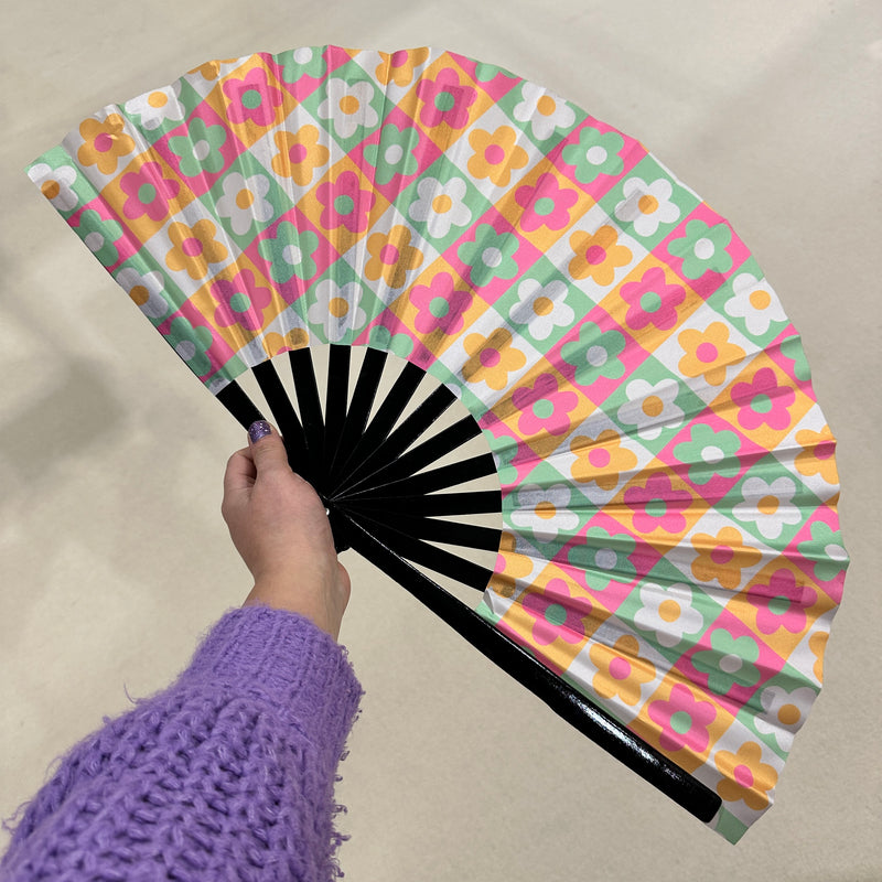 Giant Clacking Hand Fan with Floral Check Squares Print (Glows in UV!)