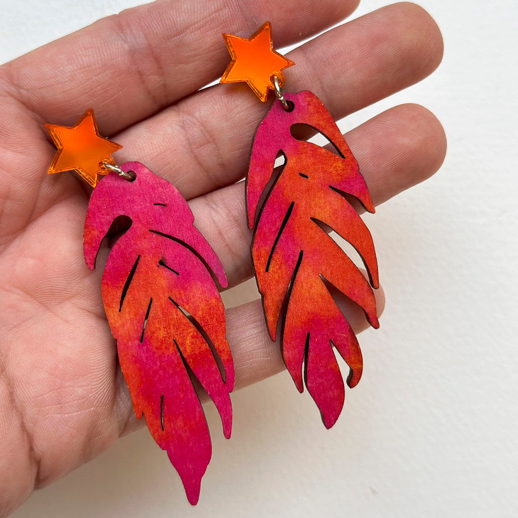 Tie Dye Leaf Printed Wooden Dangle Earrings