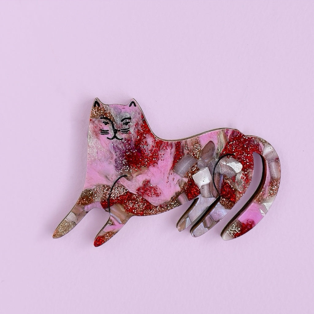 Recycled Acrylic Smug Cat Brooch - Berry Smoothie