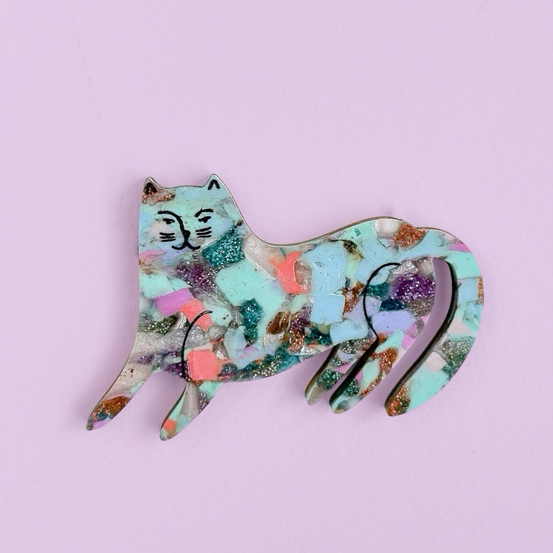 Recycled Acrylic Smug Cat Brooch - Mardi Gras