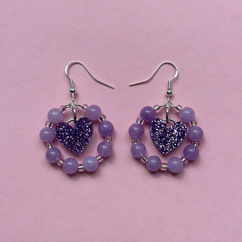 Beaded Crystal Heart Dangle Earrings