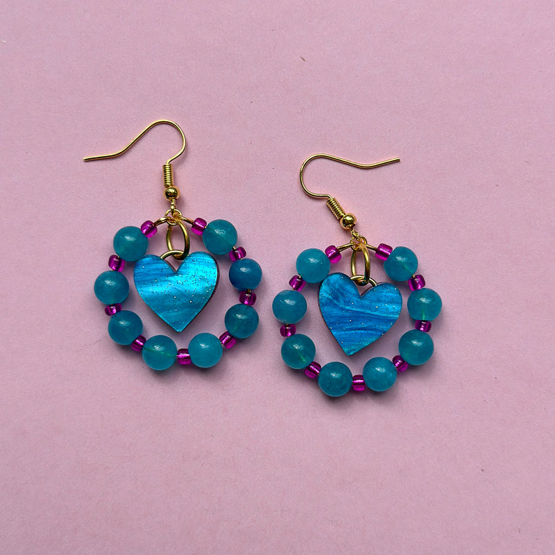 Beaded Crystal Heart Dangle Earrings