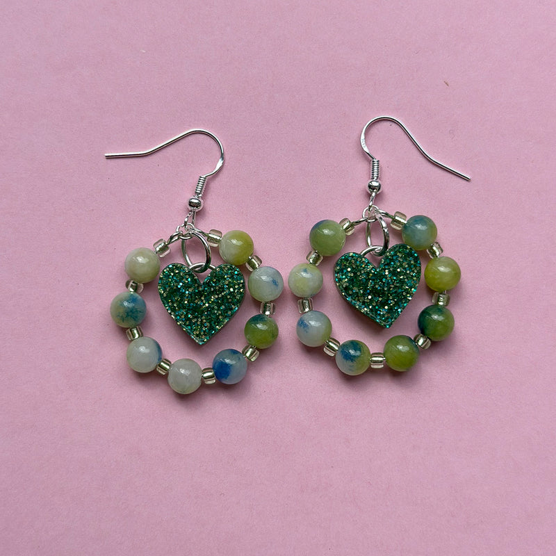 Beaded Crystal Heart Dangle Earrings