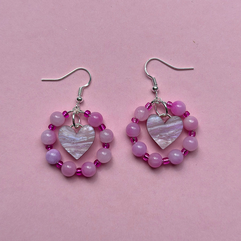 Beaded Crystal Heart Dangle Earrings