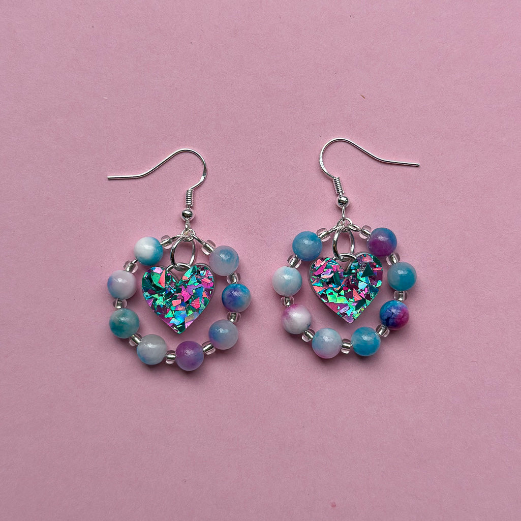 Beaded Crystal Heart Dangle Earrings