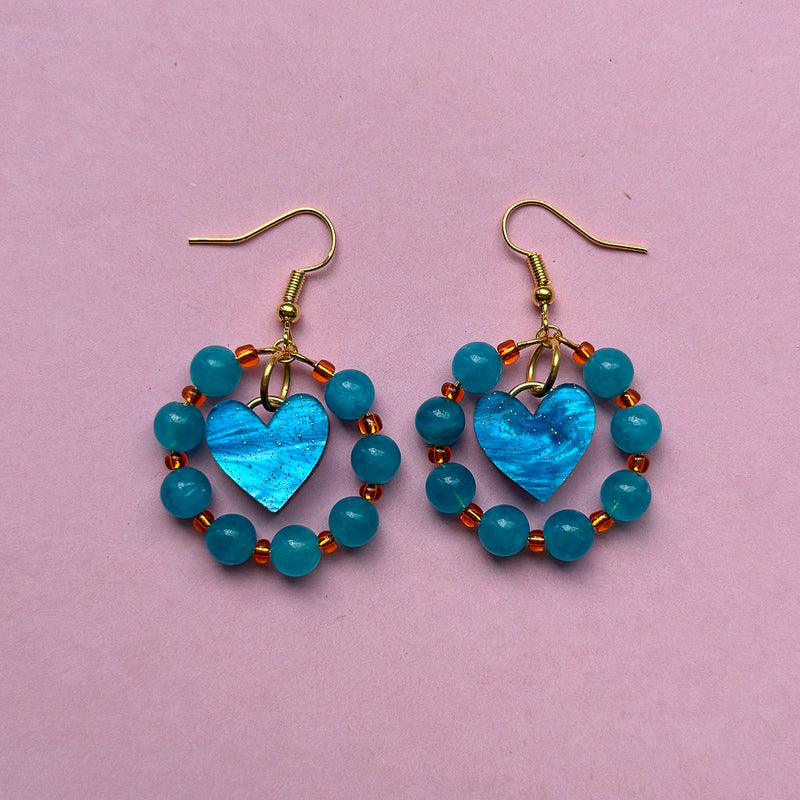 Beaded Crystal Heart Dangle Earrings