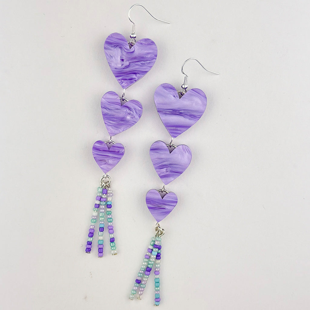 Triple Heart Beaded Statement Dangle Earrings - Lilac