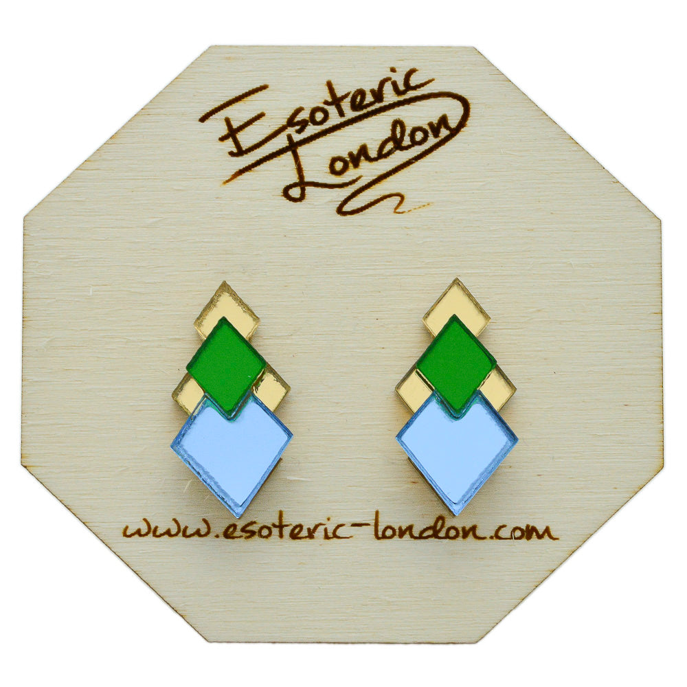 Classic Geometric Stud Earrings - Gold/ Green/ Blue