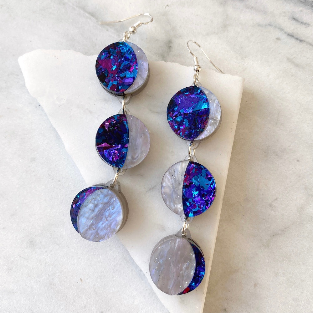 Moon Phase Long Dangle Earrings -  Purple, Lilac & Blue