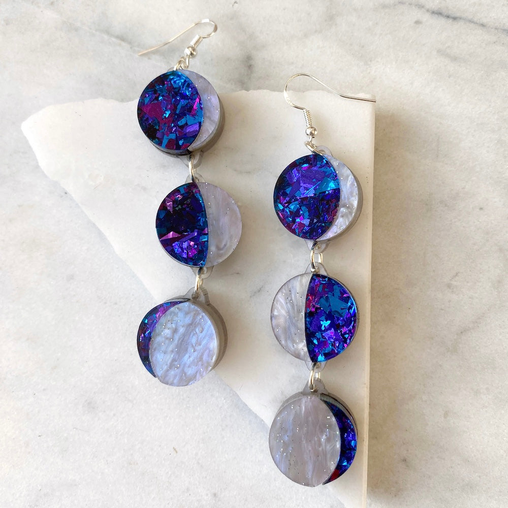 Moon Phase Long Dangle Earrings -  Purple, Lilac & Blue