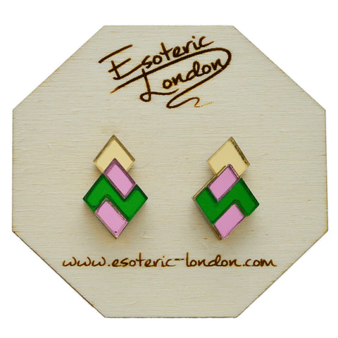 Classic Geometric Stud Earrings - Gold/ Pink/ Green