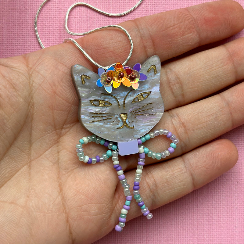 Embellished Cat Necklace With Bow