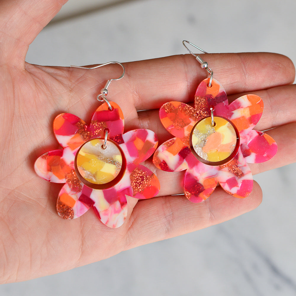 Recycled Acrylic Flower Power Statement Dangle Earrings