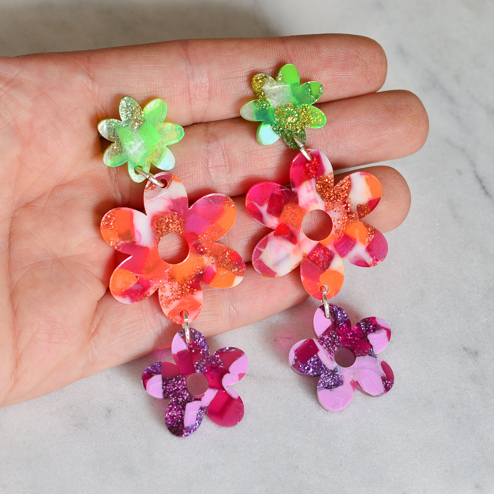 Recycled Acrylic Flower Power Statement Triple Dangle Stud Earrings