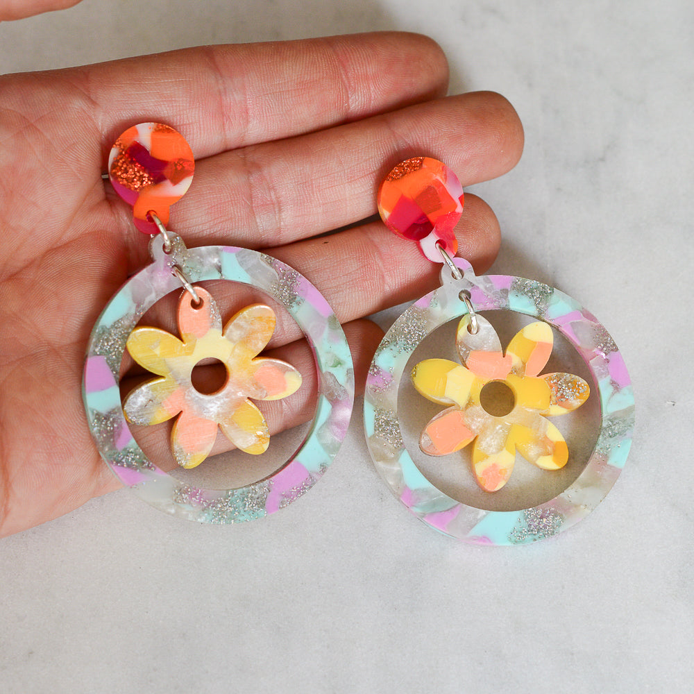 Recycled Acrylic Flower Power Statement Hoop Dangle Stud Earrings