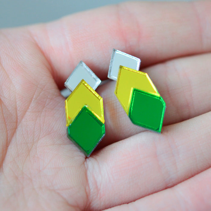 Classic Geometric Stud Earrings - Silver/ Yellow/ Green