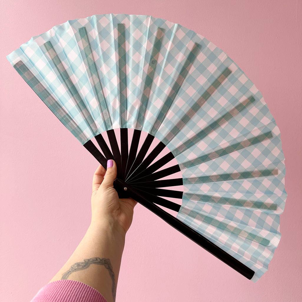 Giant Clacking Hand Fan with Baby Blue Gingham print (Glows in UV!)