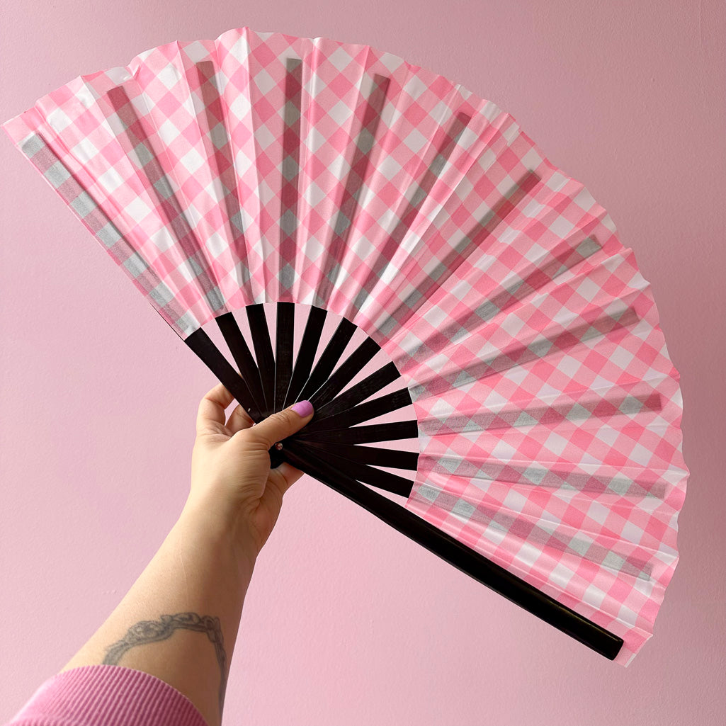 Giant Clacking Hand Fan with Baby Pink Gingham print (Glows in UV!)