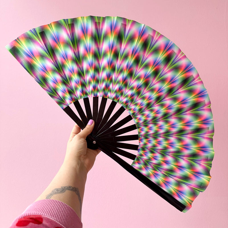 Giant Clacking Hand Fan with Colourful Trippy Lights print (Glows in UV!)