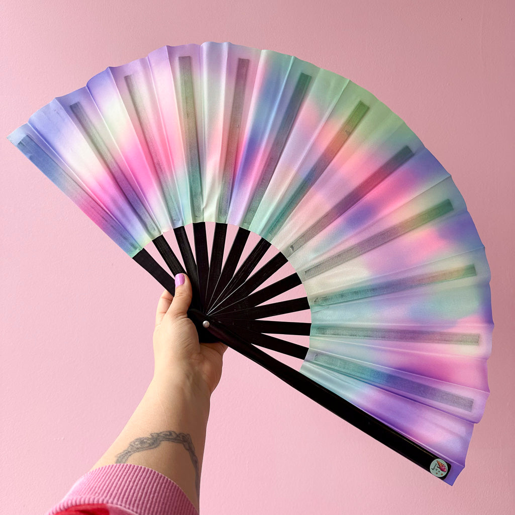Giant Clacking Hand Fan with Dreamy Abstract Pastel print (Glows in UV!)