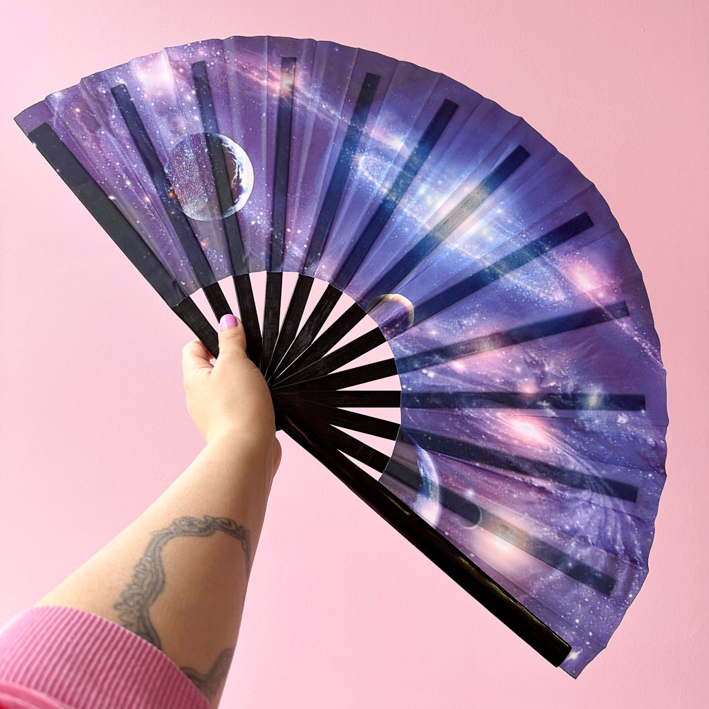 Giant Clacking Hand Fan with Galaxy print (Glows in UV!)