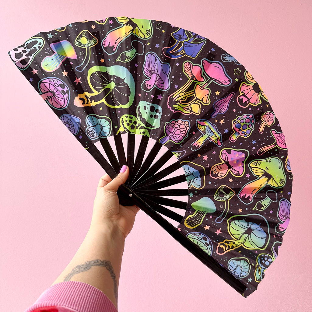 Giant Clacking Hand Fan with Magical Fungi print (Glows in UV!)