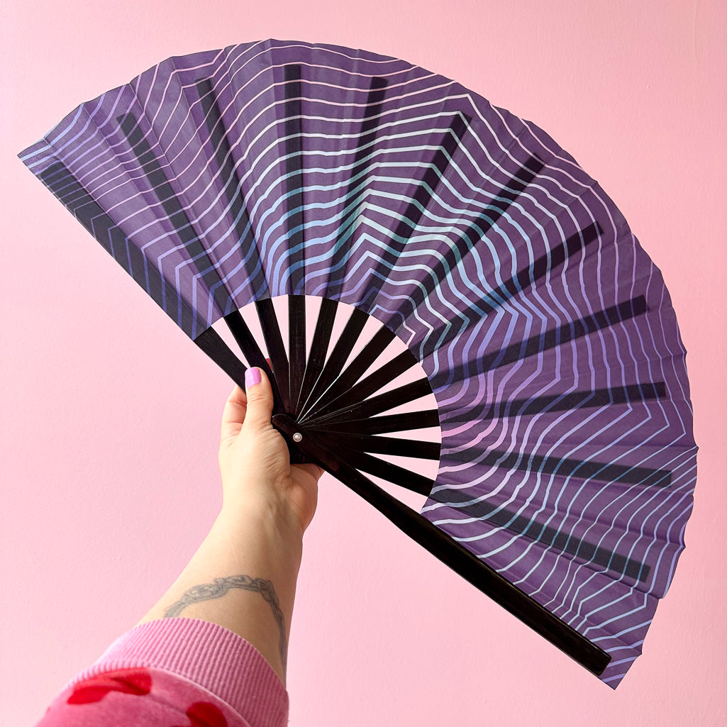 Giant Clacking Hand Fan with Trippy Lines print (Glows in UV!)