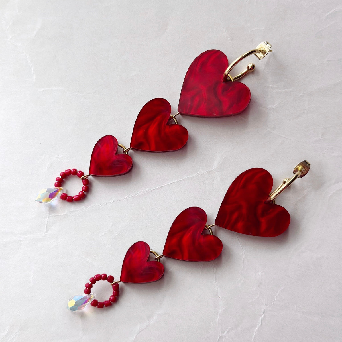 Triple Heart Beaded Statement Dangle Earrings - Red