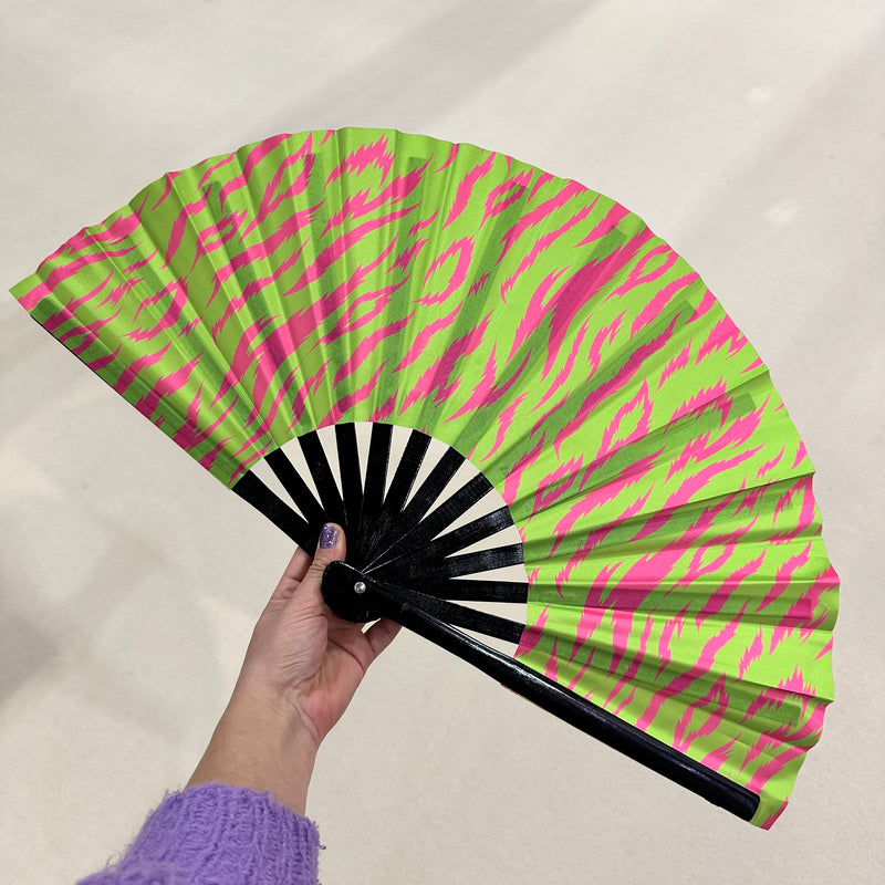 Giant Clacking Hand Fan with Lime & Pink Tiger Animal Print (Glows in UV!)