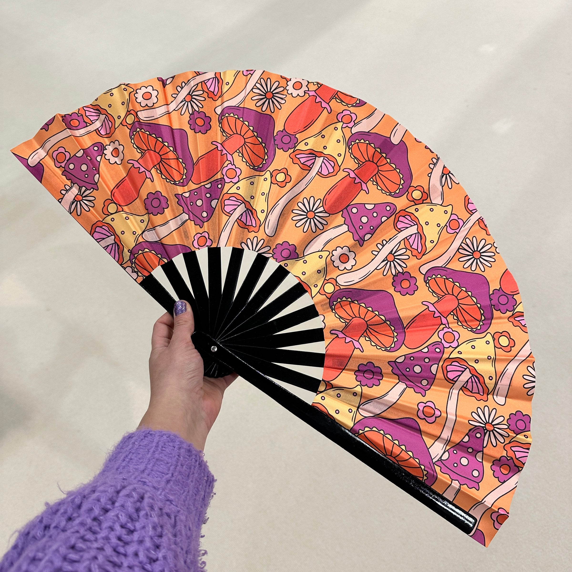 Giant Clacking Hand Fan with Orange & Purple Toadstools Print (Glows in UV!)