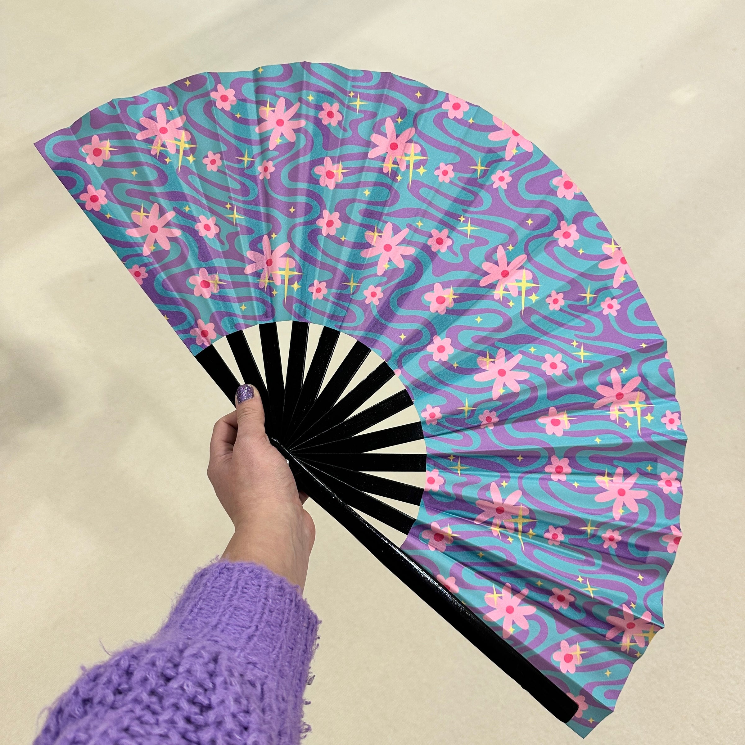 Giant Clacking Hand Fan with Floral Swirls Print in Purple, Teal & Pink (Glows in UV!)