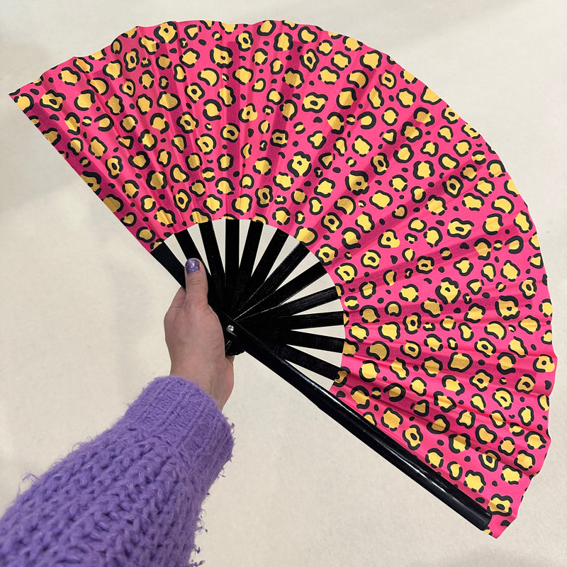 Giant Clacking Hand Fan with Pink Leopard Animal Print (Glows in UV!)