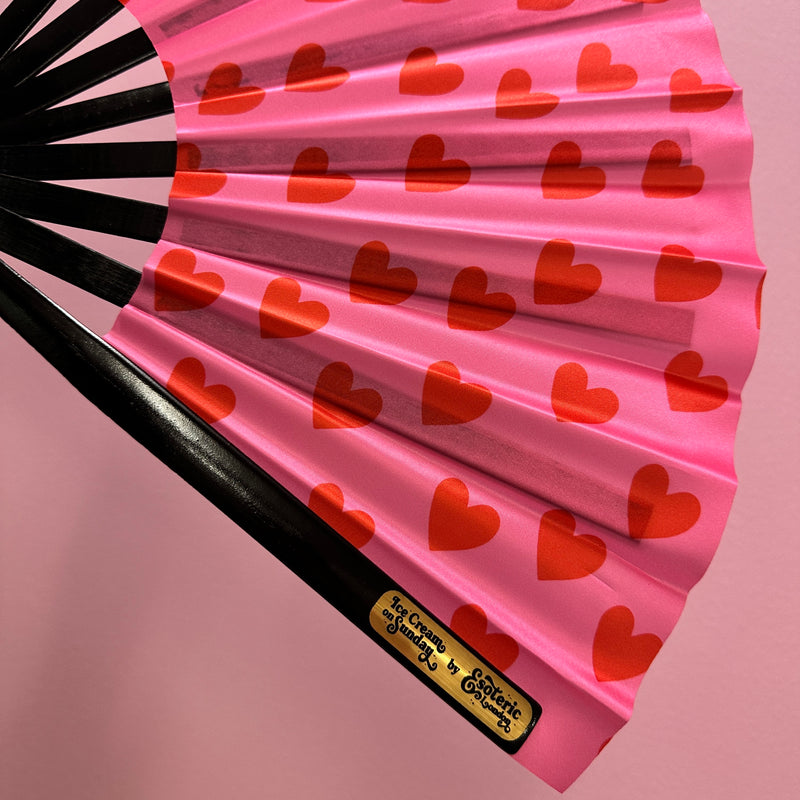 Giant Clacking Hand Fan with Pink & Red Hearts Print (Glows in UV!)