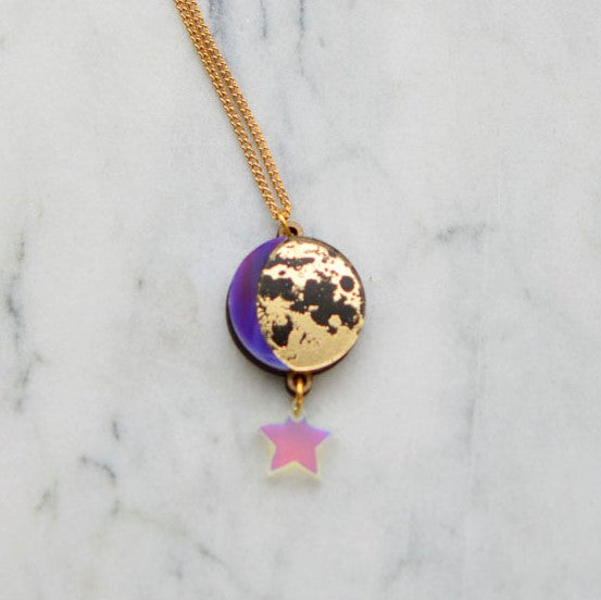 Moon Phase Pendant Necklace - Gold & Purple