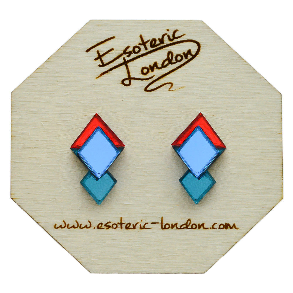 Classic Geometric Stud Earrings - Orange Red/ Bright Blue/ Teal