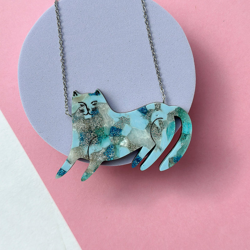Recycled Acrylic Smug Cat Necklace - Ocean
