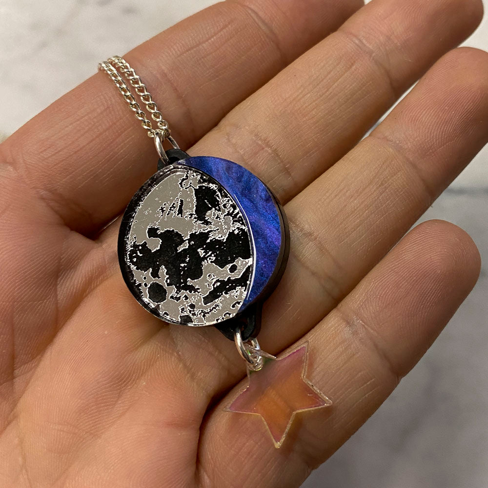 Moon Phase Pendant Necklace - Silver & Navy